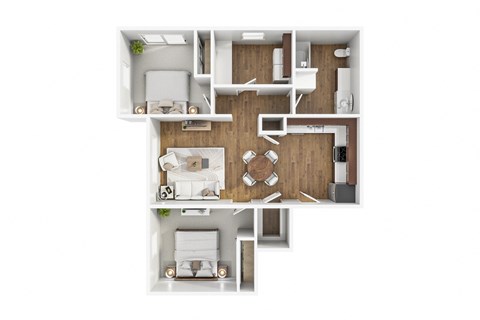 Floor plan for 2 beds, 1 bath, 879 sqft